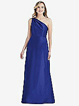 Front View Thumbnail - Cobalt Blue Pleated Draped One-Shoulder Satin Maxi Dress with Pockets