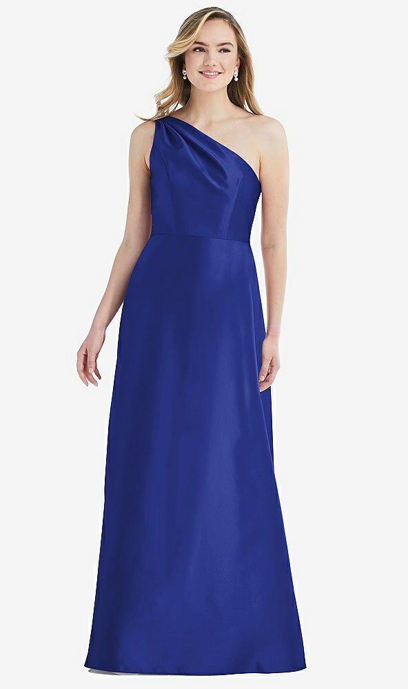 Front View - Cobalt Blue Pleated Draped One-Shoulder Satin Maxi Dress with Pockets