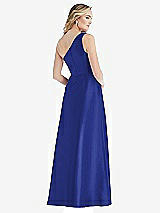 Rear View Thumbnail - Cobalt Blue Pleated Draped One-Shoulder Satin Maxi Dress with Pockets