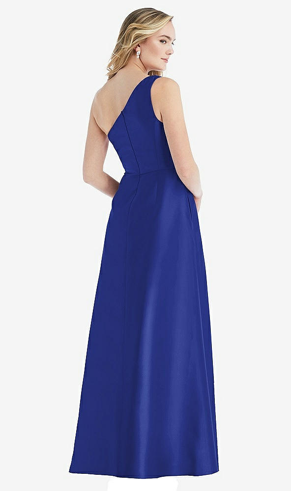 Back View - Cobalt Blue Pleated Draped One-Shoulder Satin Maxi Dress with Pockets
