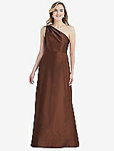 Front View Thumbnail - Cognac Pleated Draped One-Shoulder Satin Maxi Dress with Pockets