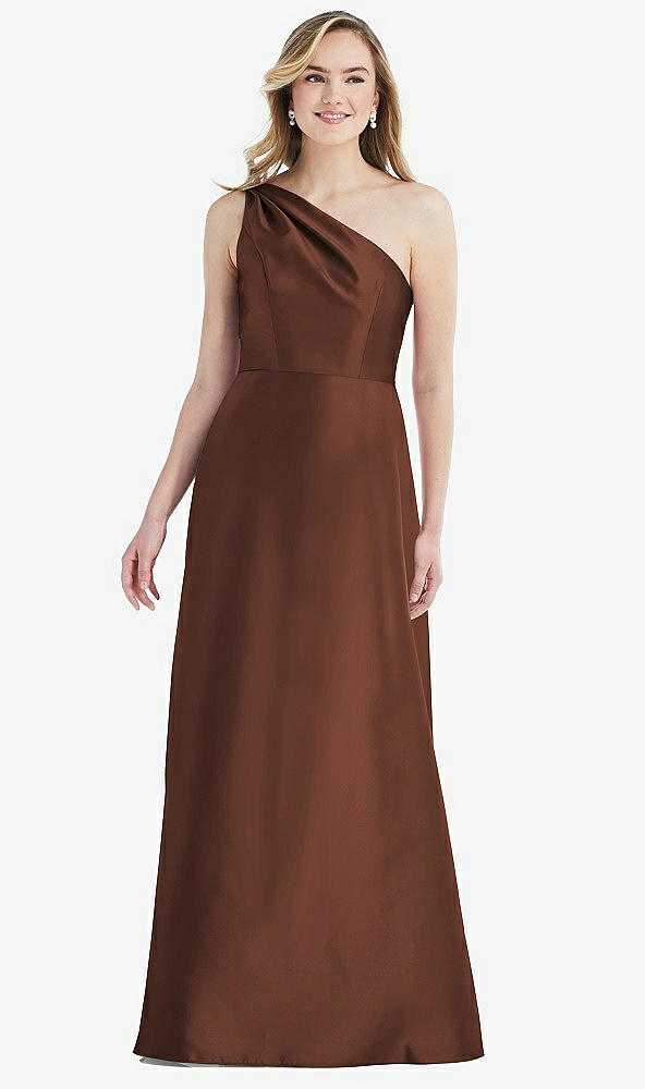 Front View - Cognac Pleated Draped One-Shoulder Satin Maxi Dress with Pockets