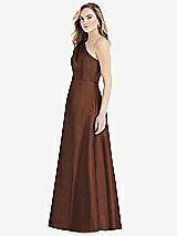 Side View Thumbnail - Cognac Pleated Draped One-Shoulder Satin Maxi Dress with Pockets