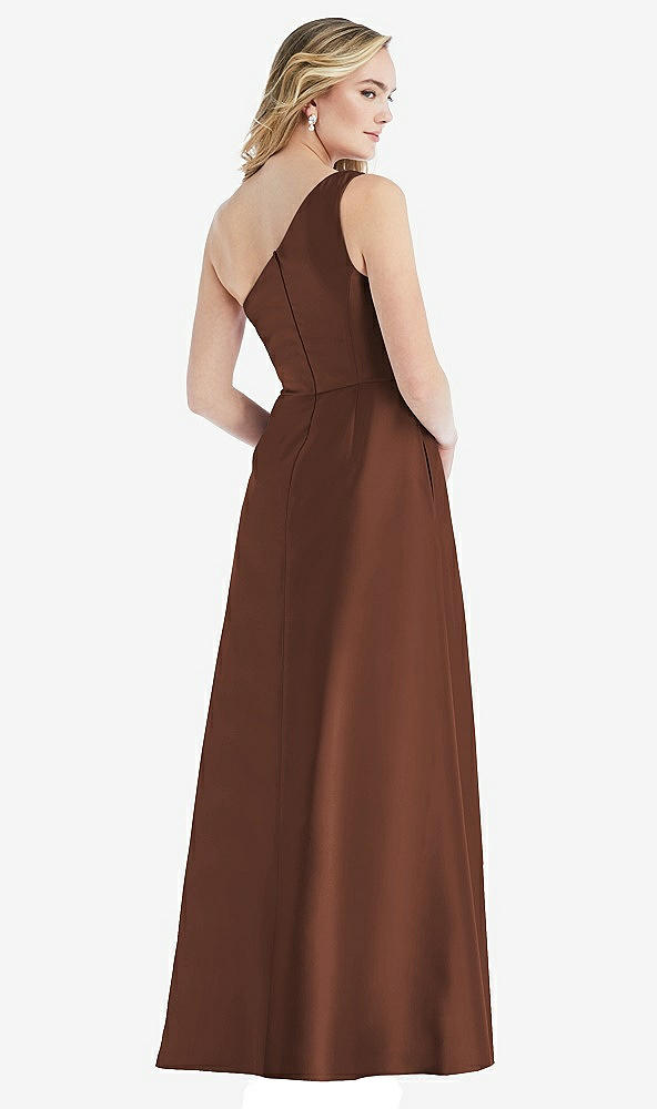 Back View - Cognac Pleated Draped One-Shoulder Satin Maxi Dress with Pockets