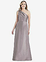 Front View Thumbnail - Cashmere Gray Pleated Draped One-Shoulder Satin Maxi Dress with Pockets