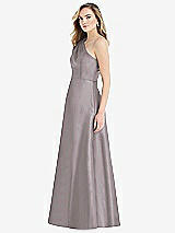 Side View Thumbnail - Cashmere Gray Pleated Draped One-Shoulder Satin Maxi Dress with Pockets