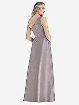 Rear View Thumbnail - Cashmere Gray Pleated Draped One-Shoulder Satin Maxi Dress with Pockets