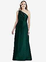 Front View Thumbnail - Evergreen Pleated Draped One-Shoulder Satin Maxi Dress with Pockets