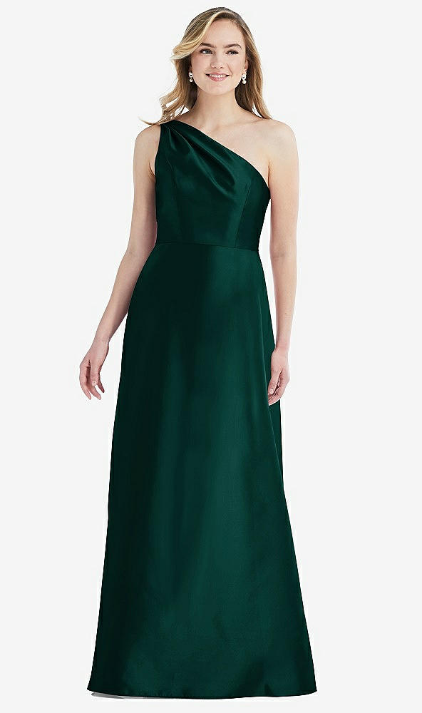 Front View - Evergreen Pleated Draped One-Shoulder Satin Maxi Dress with Pockets