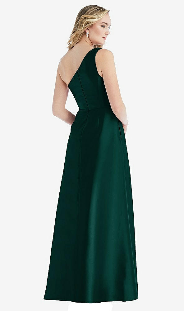 Back View - Evergreen Pleated Draped One-Shoulder Satin Maxi Dress with Pockets