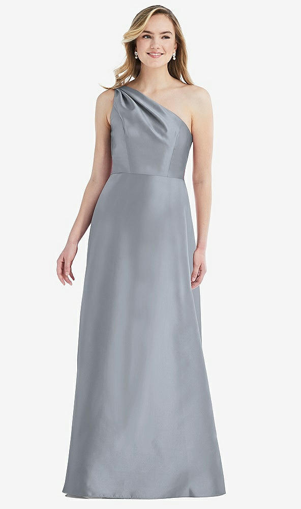 Front View - French Blue Pleated Draped One-Shoulder Satin Maxi Dress with Pockets