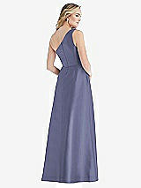 Rear View Thumbnail - French Blue Pleated Draped One-Shoulder Satin Maxi Dress with Pockets