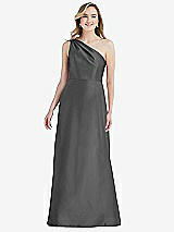 Front View Thumbnail - Gunmetal Pleated Draped One-Shoulder Satin Maxi Dress with Pockets