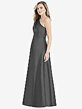 Side View Thumbnail - Gunmetal Pleated Draped One-Shoulder Satin Maxi Dress with Pockets