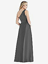 Rear View Thumbnail - Gunmetal Pleated Draped One-Shoulder Satin Maxi Dress with Pockets