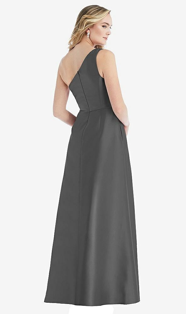 Back View - Gunmetal Pleated Draped One-Shoulder Satin Maxi Dress with Pockets