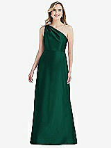 Front View Thumbnail - Hunter Green Pleated Draped One-Shoulder Satin Maxi Dress with Pockets