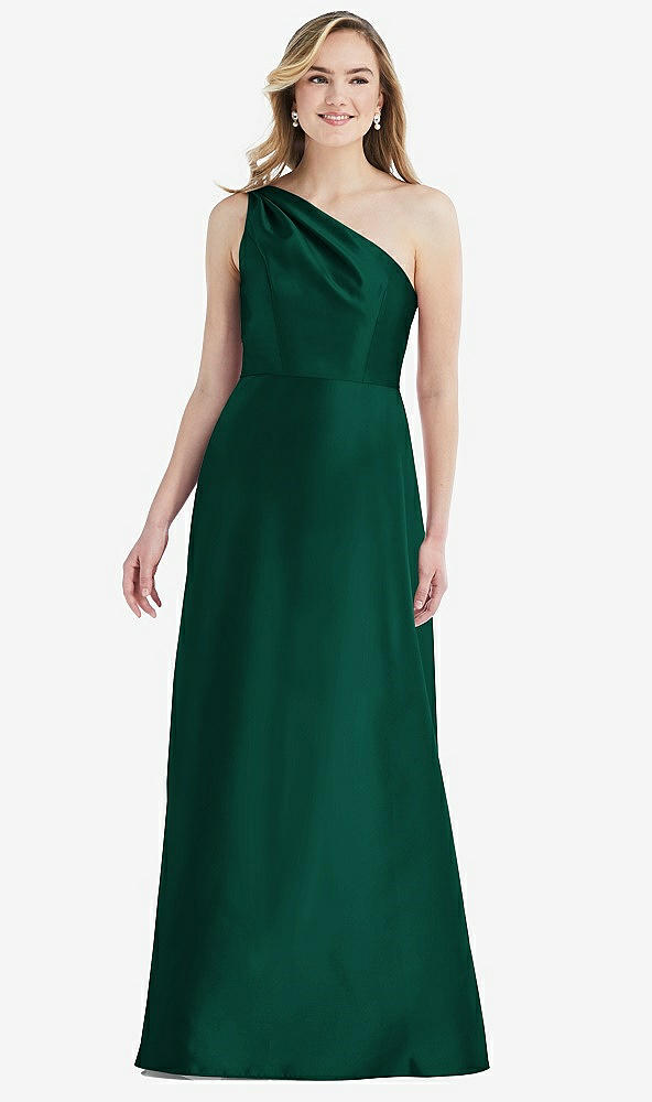 Front View - Hunter Green Pleated Draped One-Shoulder Satin Maxi Dress with Pockets