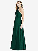 Side View Thumbnail - Hunter Green Pleated Draped One-Shoulder Satin Maxi Dress with Pockets