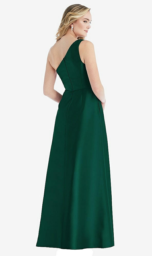 Back View - Hunter Green Pleated Draped One-Shoulder Satin Maxi Dress with Pockets