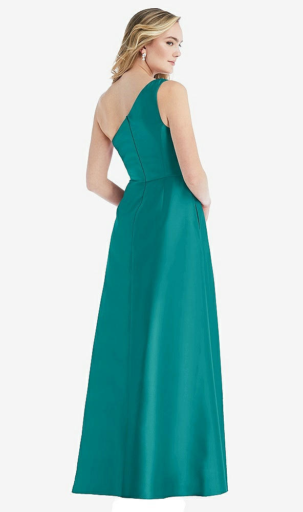 Back View - Jade Pleated Draped One-Shoulder Satin Maxi Dress with Pockets