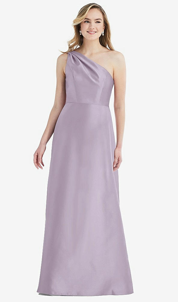 Front View - Lilac Haze Pleated Draped One-Shoulder Satin Maxi Dress with Pockets