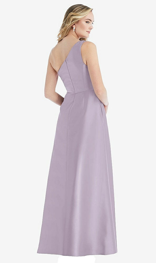 Back View - Lilac Haze Pleated Draped One-Shoulder Satin Maxi Dress with Pockets