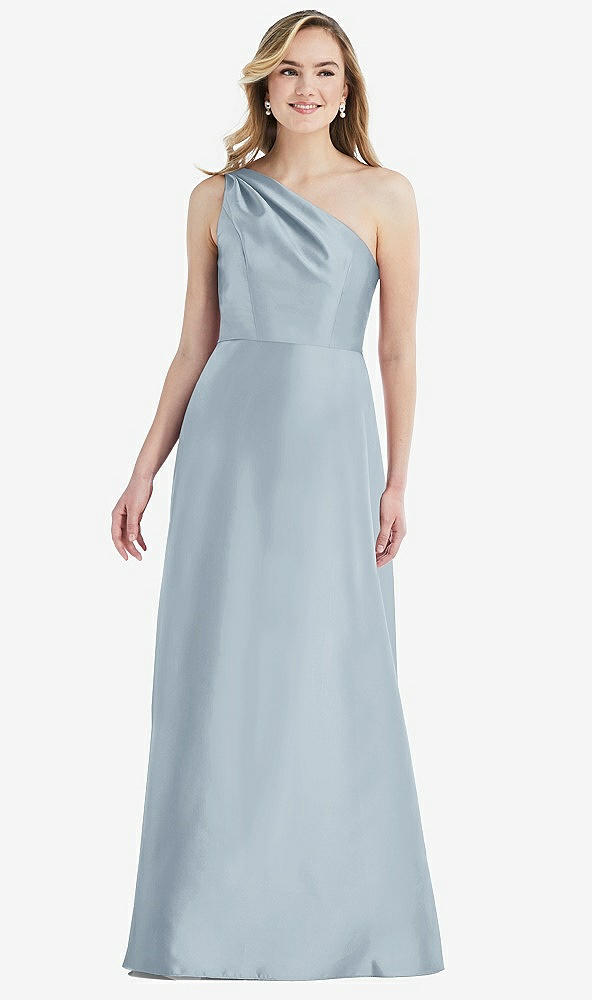 Front View - Mist Pleated Draped One-Shoulder Satin Maxi Dress with Pockets