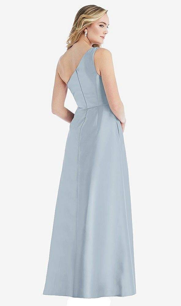 Back View - Mist Pleated Draped One-Shoulder Satin Maxi Dress with Pockets