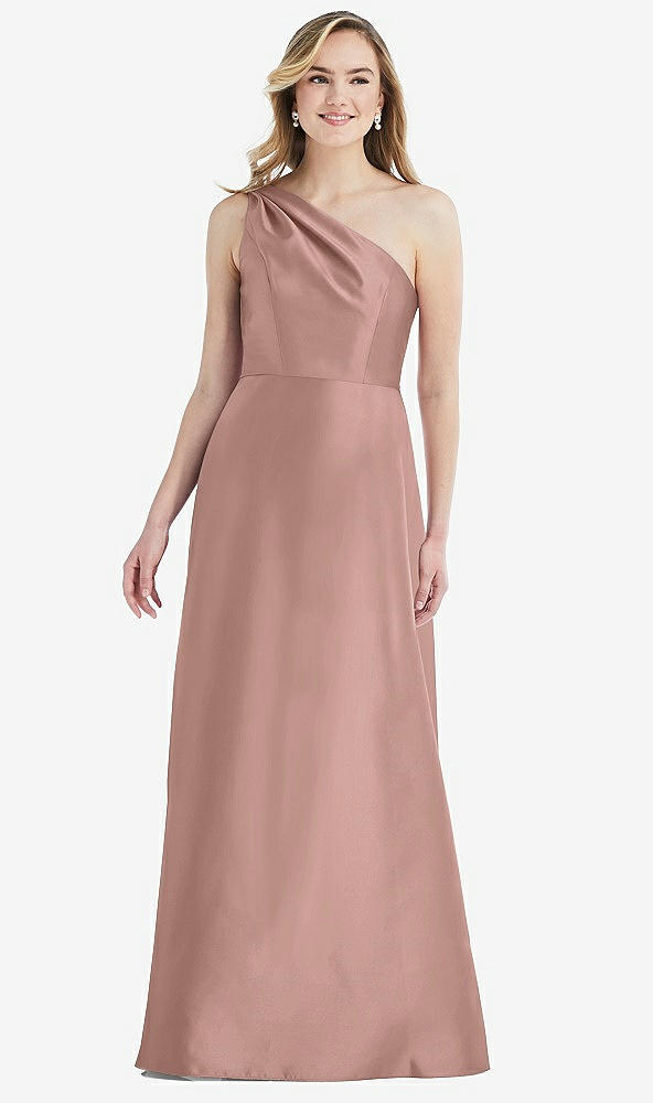 Front View - Neu Nude Pleated Draped One-Shoulder Satin Maxi Dress with Pockets