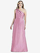 Front View Thumbnail - Powder Pink Pleated Draped One-Shoulder Satin Maxi Dress with Pockets