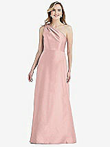 Front View Thumbnail - Rose - PANTONE Rose Quartz Pleated Draped One-Shoulder Satin Maxi Dress with Pockets