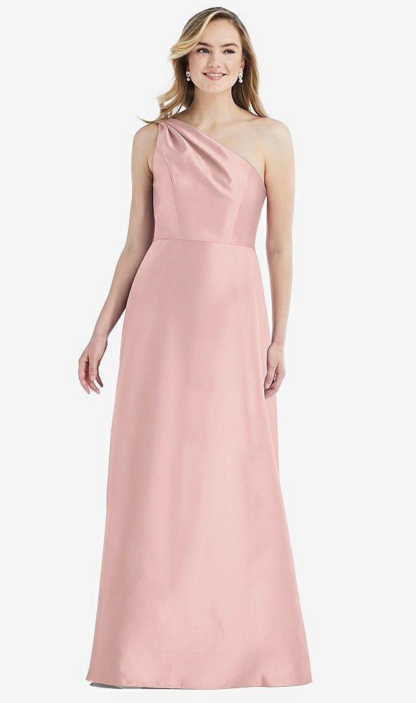 Front View - Rose - PANTONE Rose Quartz Pleated Draped One-Shoulder Satin Maxi Dress with Pockets