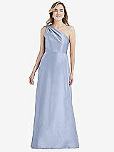 Front View Thumbnail - Sky Blue Pleated Draped One-Shoulder Satin Maxi Dress with Pockets