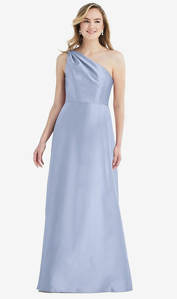 Front View - Sky Blue Pleated Draped One-Shoulder Satin Maxi Dress with Pockets