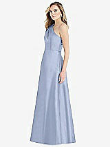 Side View Thumbnail - Sky Blue Pleated Draped One-Shoulder Satin Maxi Dress with Pockets