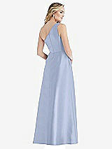 Rear View Thumbnail - Sky Blue Pleated Draped One-Shoulder Satin Maxi Dress with Pockets