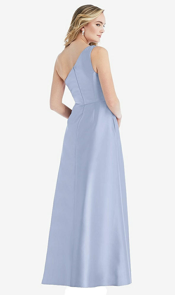 Back View - Sky Blue Pleated Draped One-Shoulder Satin Maxi Dress with Pockets