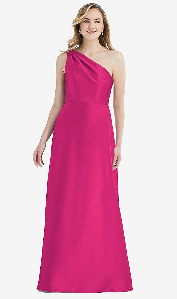 Front View - Think Pink Pleated Draped One-Shoulder Satin Maxi Dress with Pockets