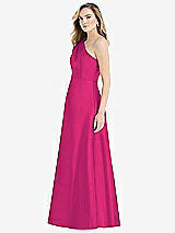 Side View Thumbnail - Think Pink Pleated Draped One-Shoulder Satin Maxi Dress with Pockets