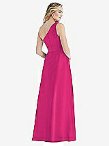 Rear View Thumbnail - Think Pink Pleated Draped One-Shoulder Satin Maxi Dress with Pockets