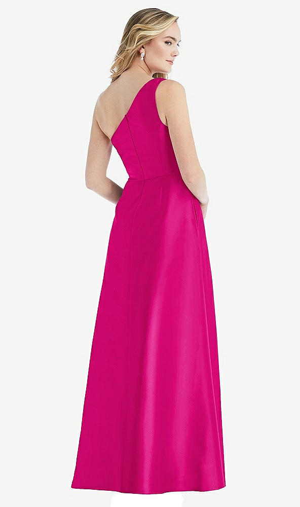 Back View - Think Pink Pleated Draped One-Shoulder Satin Maxi Dress with Pockets