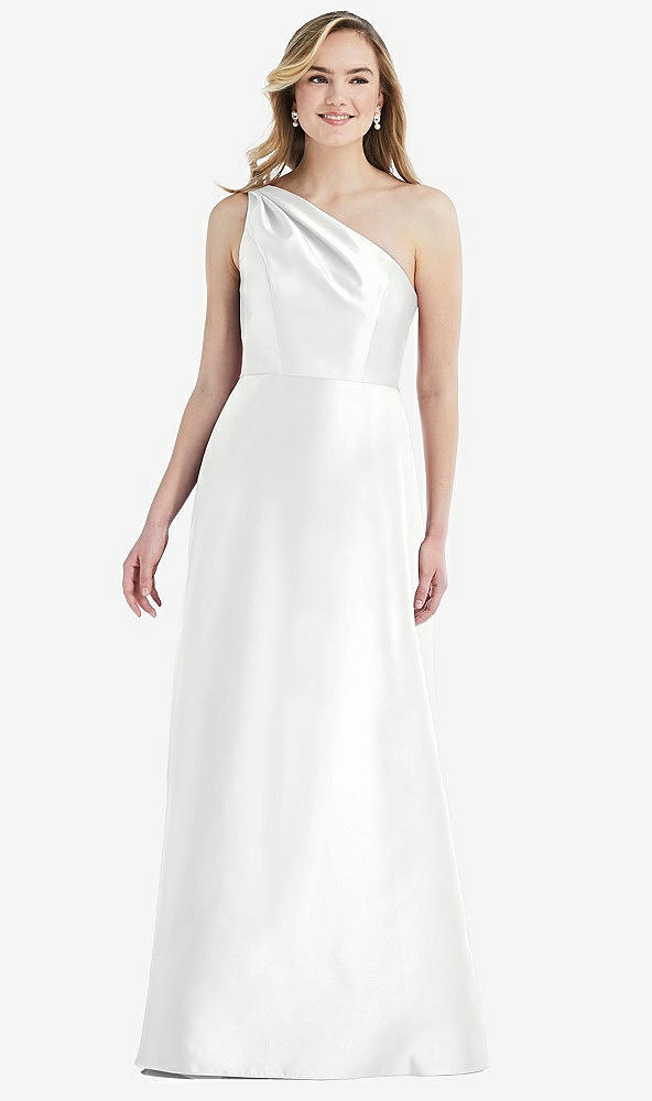 Front View - White Pleated Draped One-Shoulder Satin Maxi Dress with Pockets