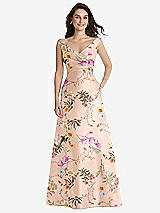 Front View Thumbnail - Butterfly Botanica Pink Sand Off-the-Shoulder Draped Wrap Floral Satin Maxi Dress