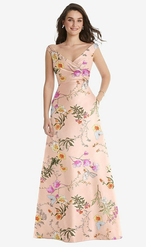 Front View - Butterfly Botanica Pink Sand Off-the-Shoulder Draped Wrap Floral Satin Maxi Dress