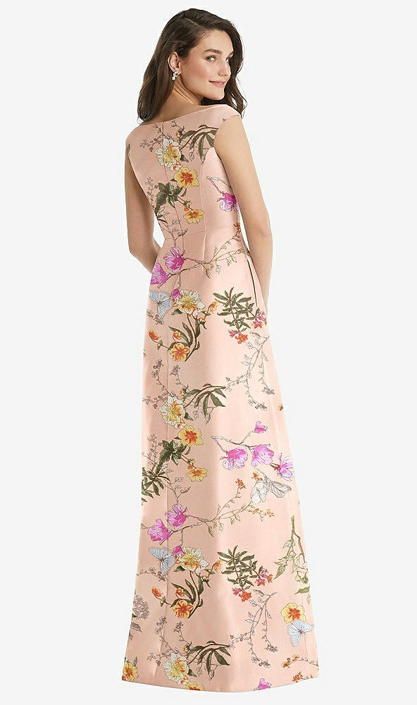 Back View - Butterfly Botanica Pink Sand Off-the-Shoulder Draped Wrap Floral Satin Maxi Dress