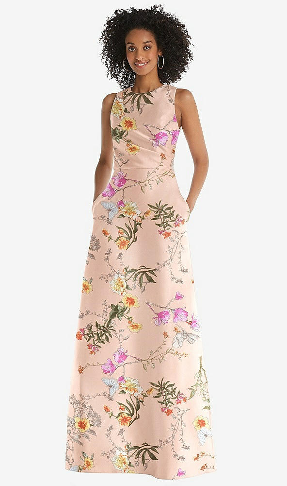 Front View - Butterfly Botanica Pink Sand Jewel Neck Asymmetrical Shirred Bodice Floral Satin Maxi Dress