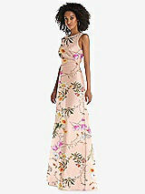 Side View Thumbnail - Butterfly Botanica Pink Sand Jewel Neck Asymmetrical Shirred Bodice Floral Satin Maxi Dress