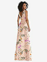 Rear View Thumbnail - Butterfly Botanica Pink Sand Jewel Neck Asymmetrical Shirred Bodice Floral Satin Maxi Dress