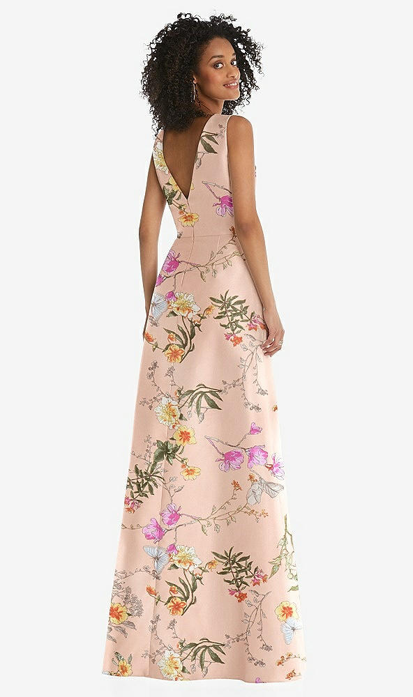 Back View - Butterfly Botanica Pink Sand Jewel Neck Asymmetrical Shirred Bodice Floral Satin Maxi Dress